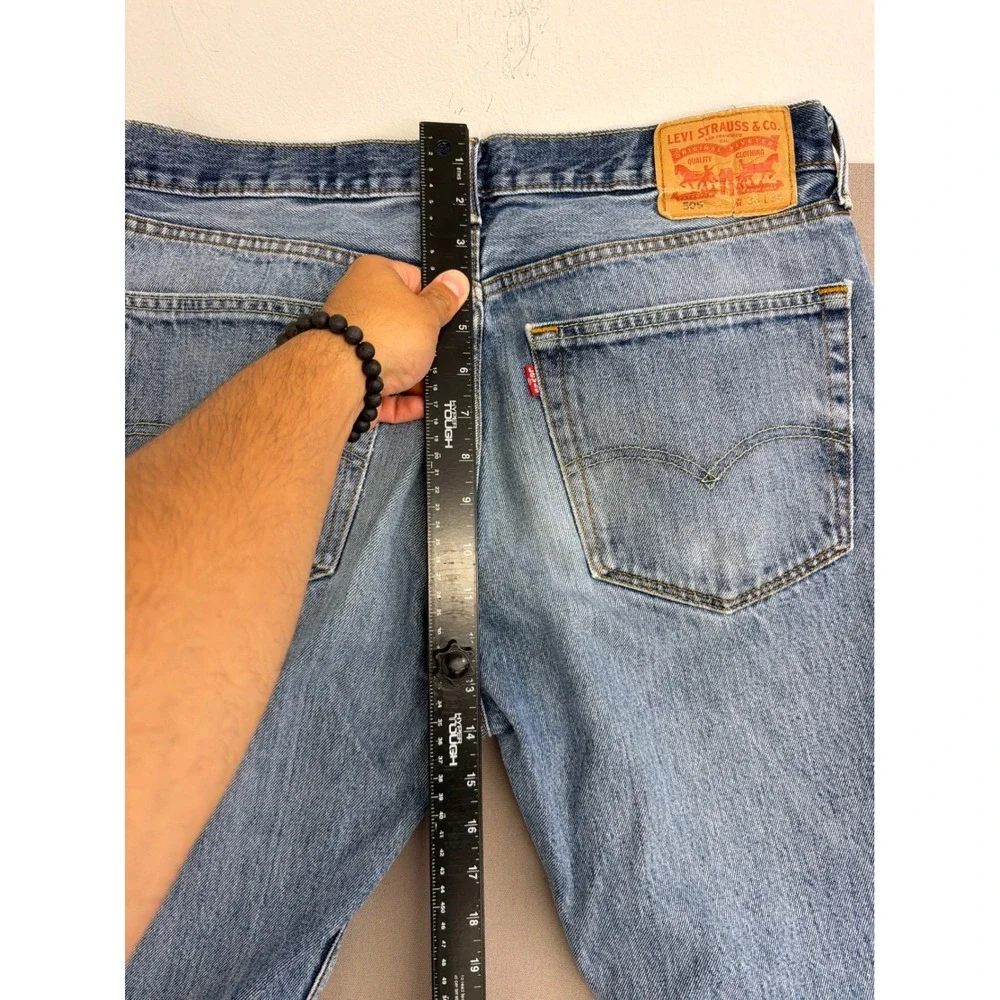 Levis 505 Regular Fit Straight Leg Jeans Light Wash Blue Distressed Mens 36x34